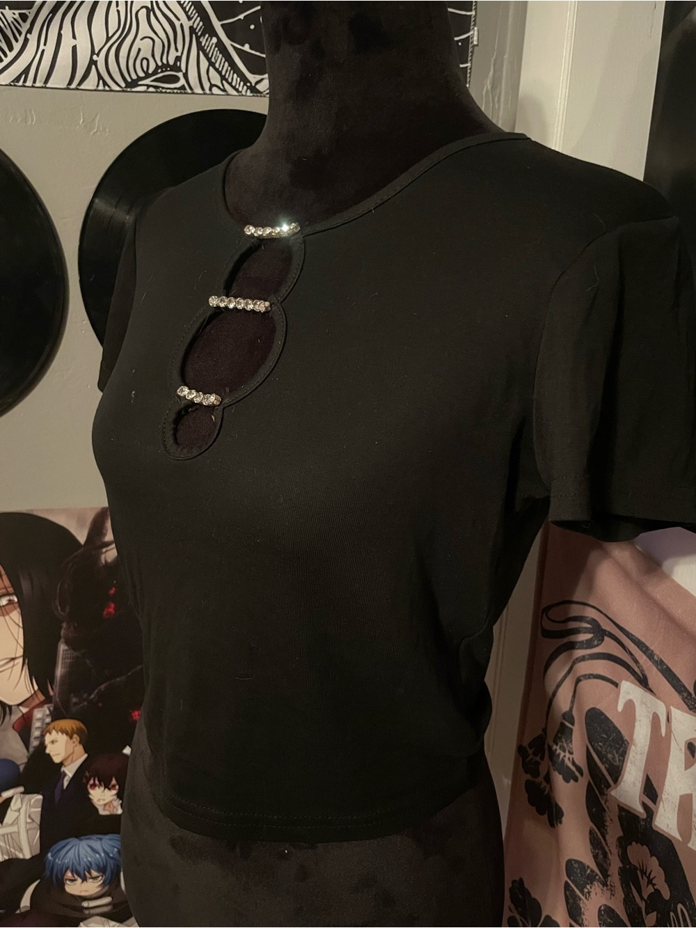 Dalia Collection Black Crop Top with Rhinestone Keyhole Accents